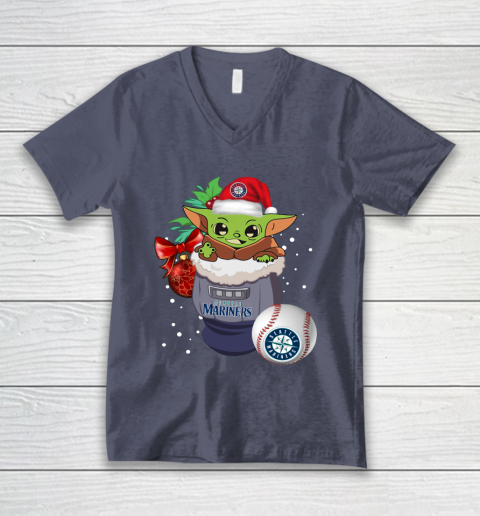 Seattle Mariners Christmas Baby Yoda Star Wars Funny Happy MLB V-Neck T-Shirt 8