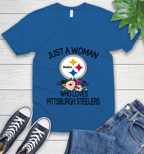 NFL Just A Woman Who Loves Pittsburgh Steelers Football Sports V-Neck T-Shirt 3