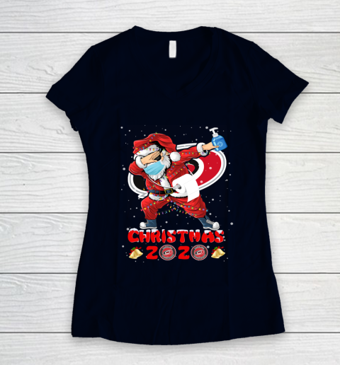 Carolina Hurricanes Funny Santa Claus Dabbing Christmas 2020 NHL Women's V-Neck T-Shirt 2