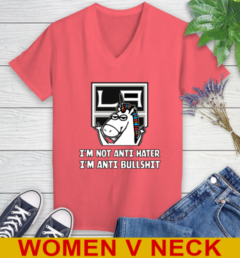 Los Angeles Kings NHL Hockey Unicorn I'm Not Anti Hater I'm Anti Bullshit Women's V-Neck T-Shirt 7