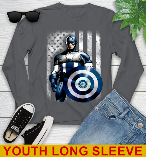 Seattle Mariners MLB Baseball Captain America Marvel Avengers American Flag Shirt Youth Long Sleeve 9