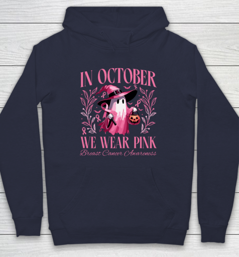 In October We Wear Pink Witch Ghost Pumpkin Breast Cancer Hoodie 2