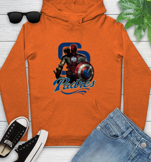 MLB Captain America Thor Spider Man Hawkeye Avengers Endgame Baseball San Diego Padres Youth Hoodie 5