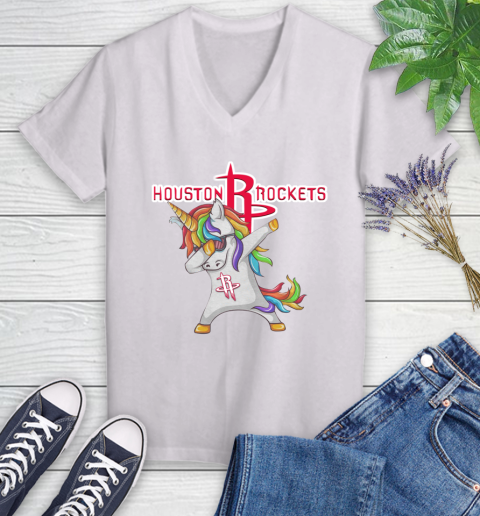 Houston Rockets NBA Basketball Funny Unicorn Dabbing Sports Women's V-Neck T-Shirt
