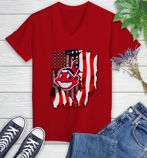 Cleveland Indians MLB Baseball American Flag Women's V-Neck T-Shirt 11