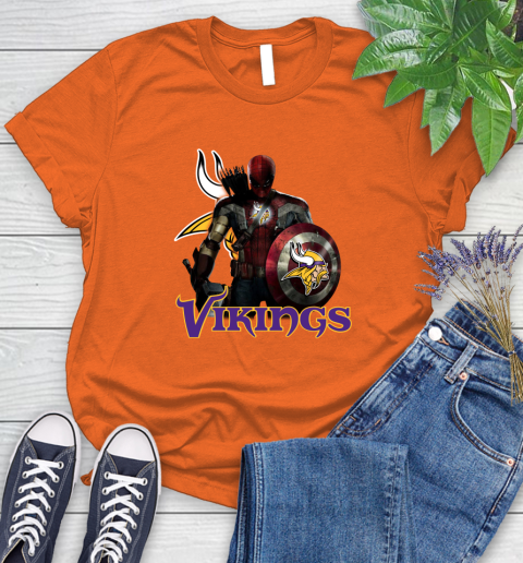 NFL Captain America Thor Spider Man Hawkeye Avengers Endgame Football Minnesota Vikings Women's T-Shirt 4
