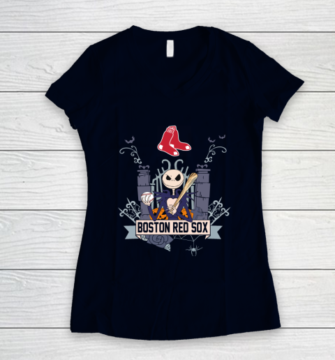 MLB Boston Red Sox Baseball Jack Skellington Halloween Women's V-Neck T-Shirt 2