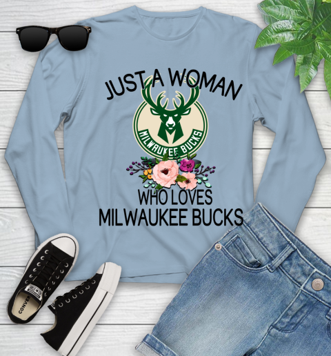 NBA Just A Woman Who Loves Milwaukee Bucks Basketball Sports Youth Long Sleeve 6