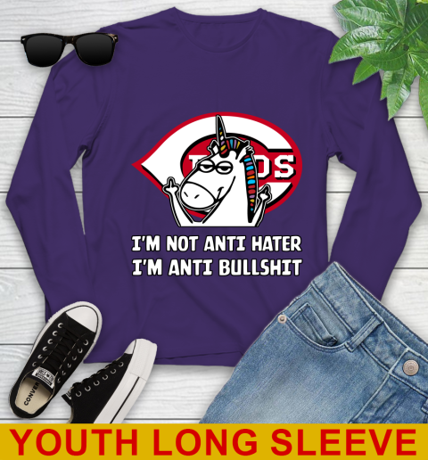 Cincinnati Reds MLB Baseball Unicorn I'm Not Anti Hater I'm Anti Bullshit Youth Long Sleeve 5