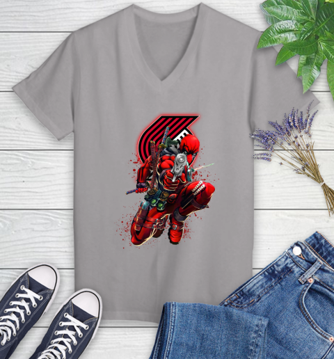 NBA Deadpool Marvel Comics Sports Basketball Portland Trail Blazers Women's V-Neck T-Shirt 4