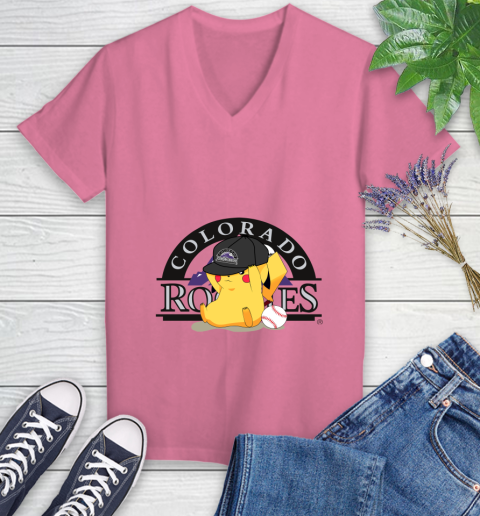 MLB Pikachu Baseball Sports Colorado Rockies Women's V-Neck T-Shirt 13