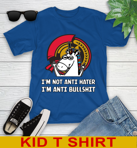 Ottawa Senators NHL Hockey Unicorn I'm Not Anti Hater I'm Anti Bullshit Youth T-Shirt 9