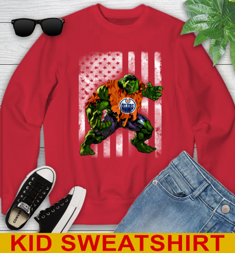 Edmonton Oilers Hulk Marvel Avengers NHL Hockey American Flag Youth Sweatshirt 7