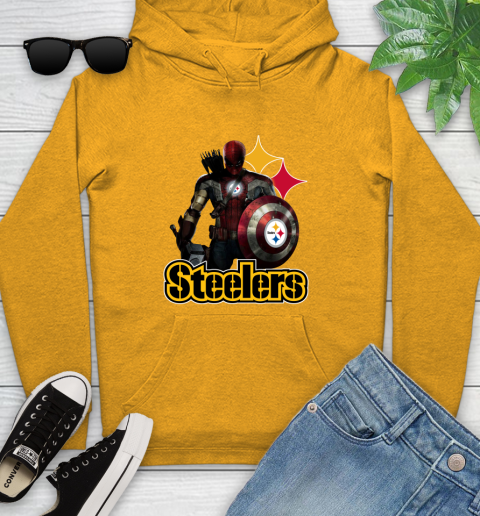 NFL Captain America Thor Spider Man Hawkeye Avengers Endgame Football Pittsburgh Steelers Youth Hoodie 3