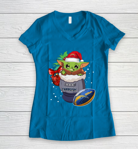 Los Angeles Chargers Christmas Baby Yoda Star Wars Funny Happy NFL Women's V-Neck T-Shirt 7