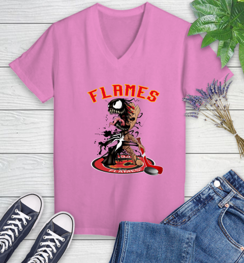 NHL Calgary Flames Hockey Venom Groot Guardians Of The Galaxy Women's V-Neck T-Shirt 14