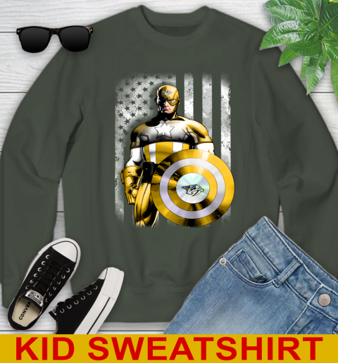 Nashville Predators NHL Hockey Captain America Marvel Avengers American Flag Shirt Youth Sweatshirt - Image 9