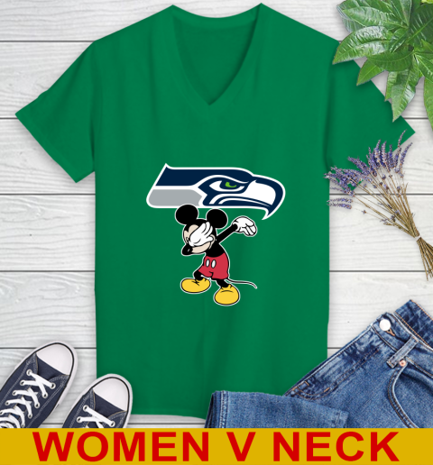 Seattle Seahawks NFL Football Dabbing Mickey Disney Sports Women's V-Neck T-Shirt 6