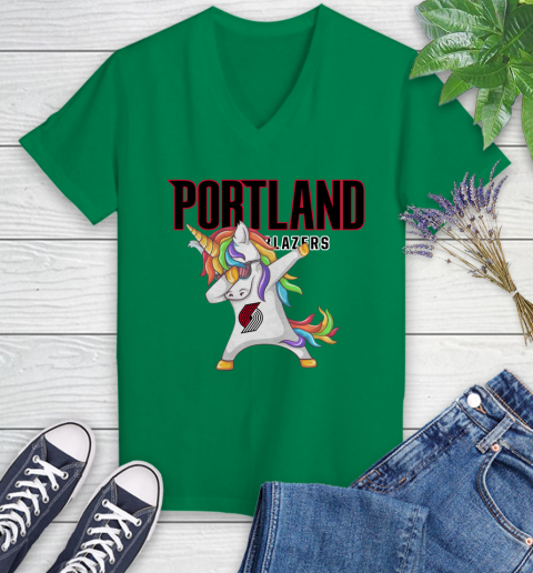 Portland Trail Blazers NBA Basketball Funny Unicorn Dabbing Sports Women's V-Neck T-Shirt 5