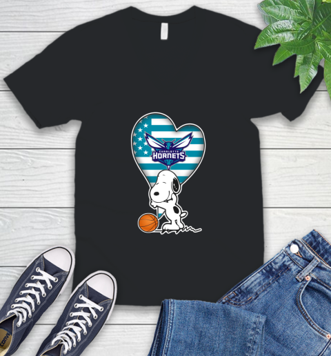 Charlotte Hornets NBA Basketball The Peanuts Movie Adorable Snoopy V-Neck T-Shirt 2