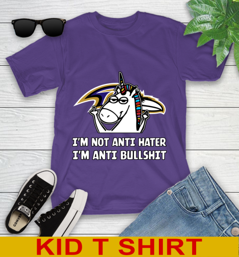 Baltimore Ravens NFL Football Unicorn I'm Not Anti Hater I'm Anti Bullshit Youth T-Shirt 4