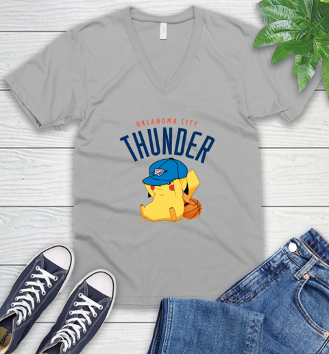 NBA Pikachu Basketball Sports Oklahoma City Thunder V-Neck T-Shirt 4