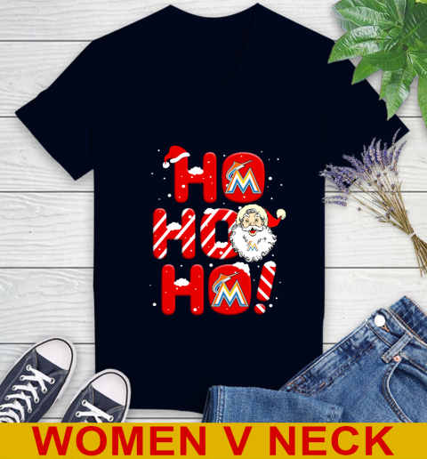 Miami Marlins MLB Baseball Ho Ho Ho Santa Claus Merry Christmas Shirt Women's V-Neck T-Shirt 2