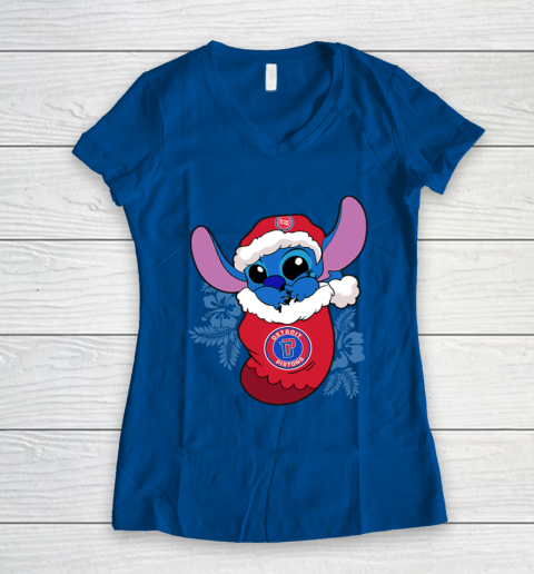 Detroit Pistons Christmas Stitch In The Sock Funny Disney NBA Women's V-Neck T-Shirt 9