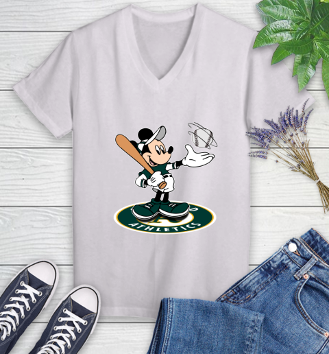 MLB Baseball Oakland Athletics Cheerful Mickey Disney Shirt Women's V-Neck T-Shirt 2