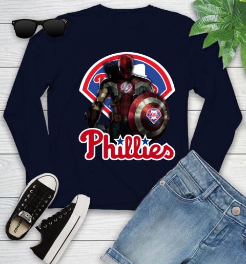 MLB Captain America Thor Spider Man Hawkeye Avengers Endgame Baseball Philadelphia Phillies Youth Long Sleeve 3