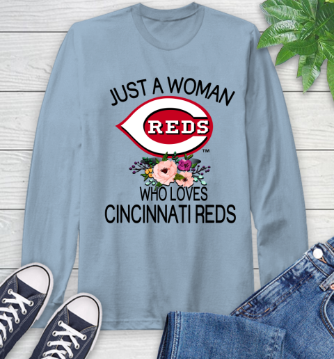 MLB Just A Woman Who Loves Cincinnati Reds Baseball Sports Long Sleeve T-Shirt 6