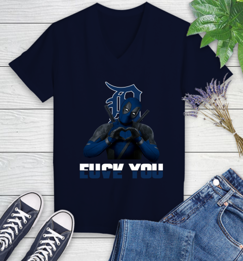 MLB Detroit Tigers Deadpool Love You Fuck You Baseball Sports Women's V-Neck T-Shirt 2