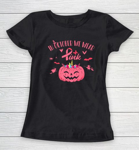 In October We Wear Pink Pumpkin Halloween Breast Cancer Gift Women's T-Shirt