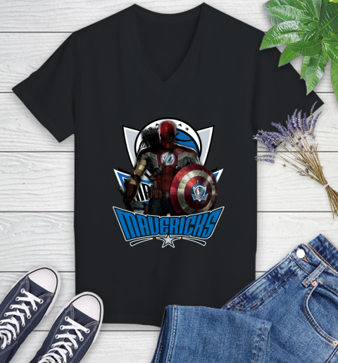 Dallas Mavericks NBA Basketball Captain America Thor Spider Man Hawkeye Avengers Women's V-Neck T-Shirt 2