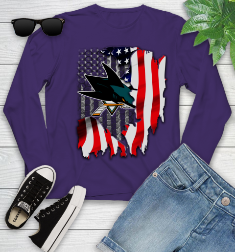 San Jose Sharks NHL Hockey American Flag Youth Long Sleeve 4