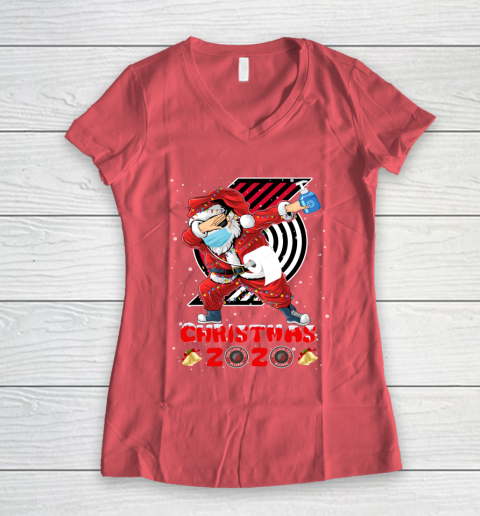 Portland Trail Blazers Funny Santa Claus Dabbing Christmas 2020 NBA Women's V-Neck T-Shirt 4