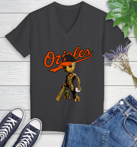MLB Baltimore Orioles Groot Guardians Of The Galaxy Baseball Women's V-Neck T-Shirt 8