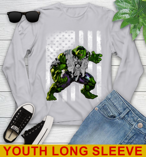 Brooklyn Nets Hulk Marvel Avengers NBA Basketball American Flag Youth Long Sleeve 5