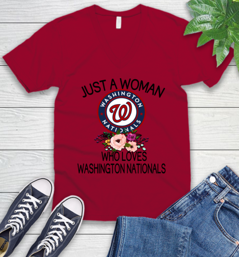 MLB Just A Woman Who Loves Washington Nationals Baseball Sports V-Neck T-Shirt 5