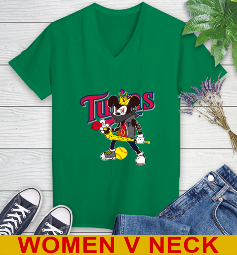 Minnesota Twins MLB Baseball Mickey Peace Sign Sports Women's V-Neck T-Shirt 6