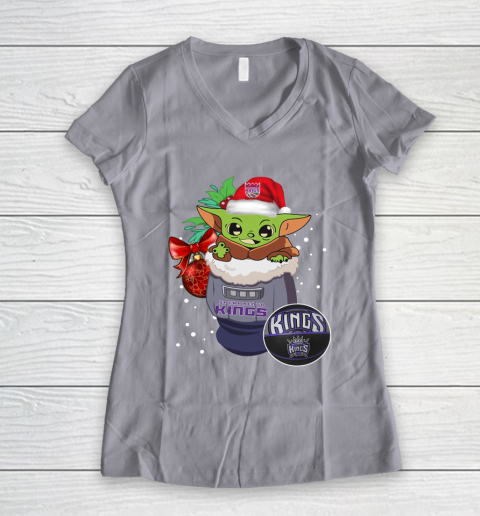 Sacramento Kings Christmas Baby Yoda Star Wars Funny Happy NBA Women's V-Neck T-Shirt 4