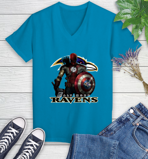 NFL Captain America Thor Spider Man Hawkeye Avengers Endgame Football Baltimore Ravens Women's V-Neck T-Shirt 7