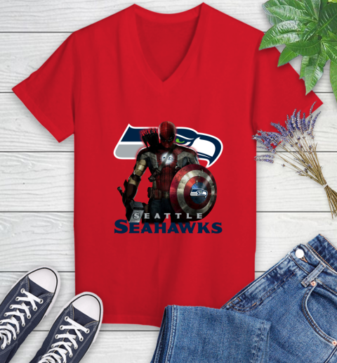 NFL Captain America Thor Spider Man Hawkeye Avengers Endgame Football Seattle Seahawks Women's V-Neck T-Shirt 12