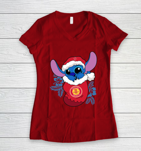 Houston Rockets Christmas Stitch In The Sock Funny Disney NBA Women's V-Neck T-Shirt 10
