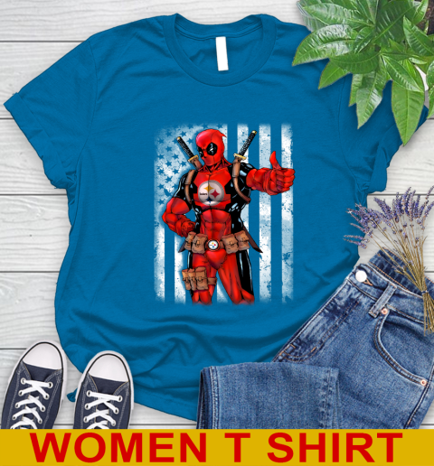 NFL Football Pittsburgh Steelers Deadpool American Flag Shirt Women's T-Shirt 8