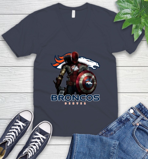 NFL Captain America Thor Spider Man Hawkeye Avengers Endgame Football Denver Broncos V-Neck T-Shirt 9