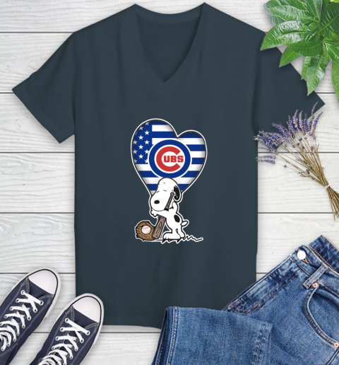 Chicago Cubs MLB Baseball The Peanuts Movie Adorable Snoopy Women's V-Neck T-Shirt 8