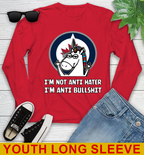 Winnipeg Jets NHL Hockey Unicorn I'm Not Anti Hater I'm Anti Bullshit Youth Long Sleeve 11