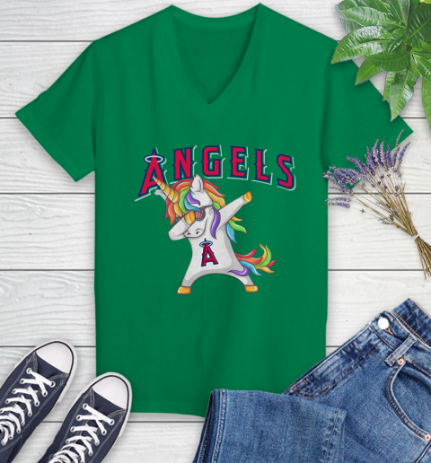 Los Angeles Angels MLB Baseball Funny Unicorn Dabbing Sports Women's V-Neck T-Shirt 5