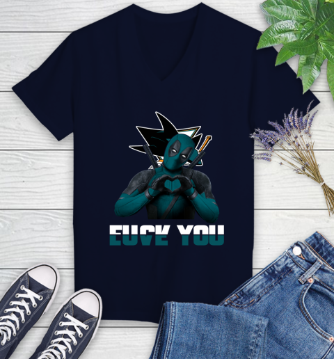NHL San Jose Sharks Deadpool Love You Fuck You Hockey Sports Women's V-Neck T-Shirt 2